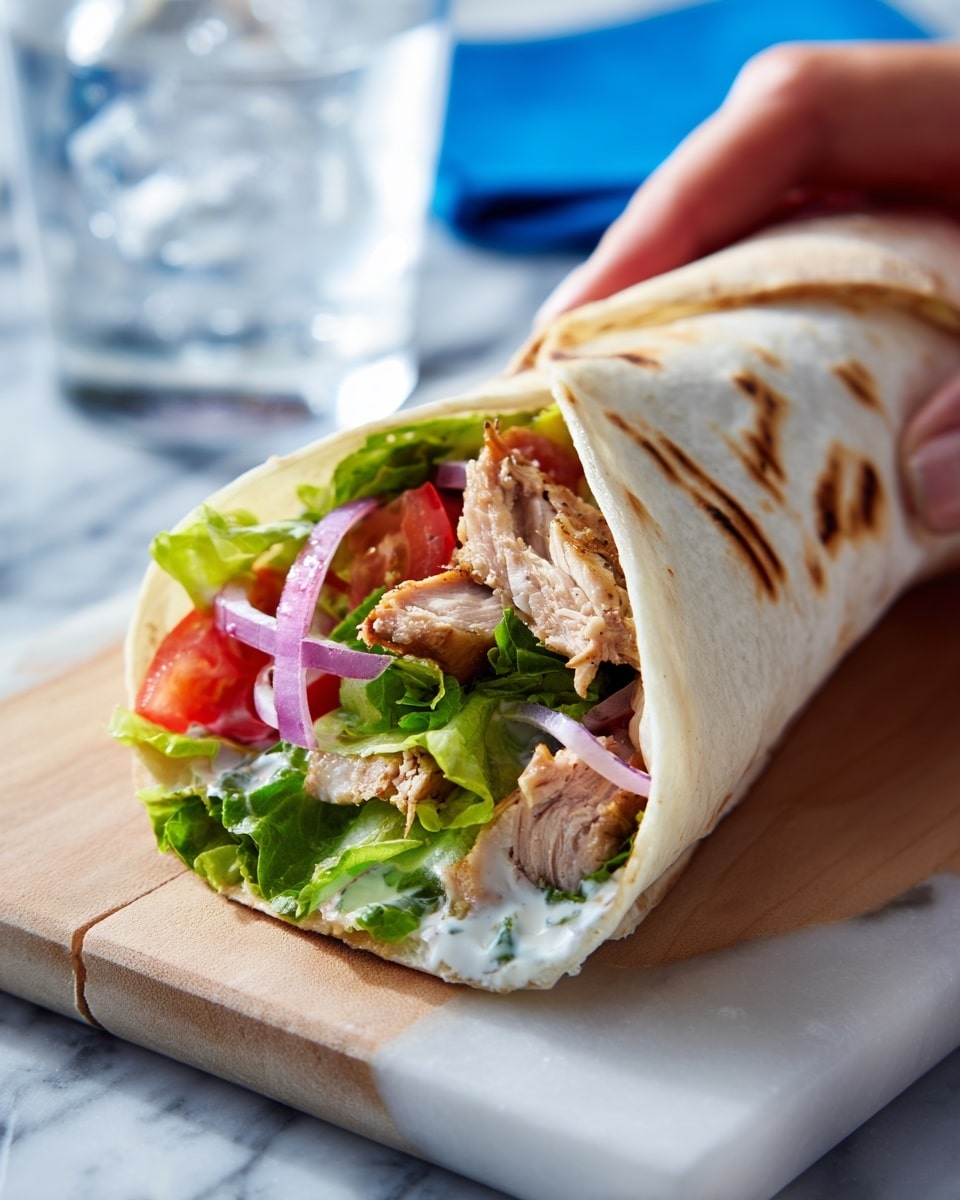 A soft, grilled flatbread wrap folded into a cone shape, filled with layers of grilled chicken pieces that are light golden brown with slight char marks, fresh green lettuce leaves, thin rings of purple onion, and bright red tomato slices. The wrap is placed on a white wooden board, and there is a small white bowl with a creamy white sauce next to it. The background features a white marbled surface and a glass of water partially visible on a bright blue cloth in the upper right section. A woman's hand is gently holding the top of the wrap. photo taken with an iphone --ar 4:5 --v 7