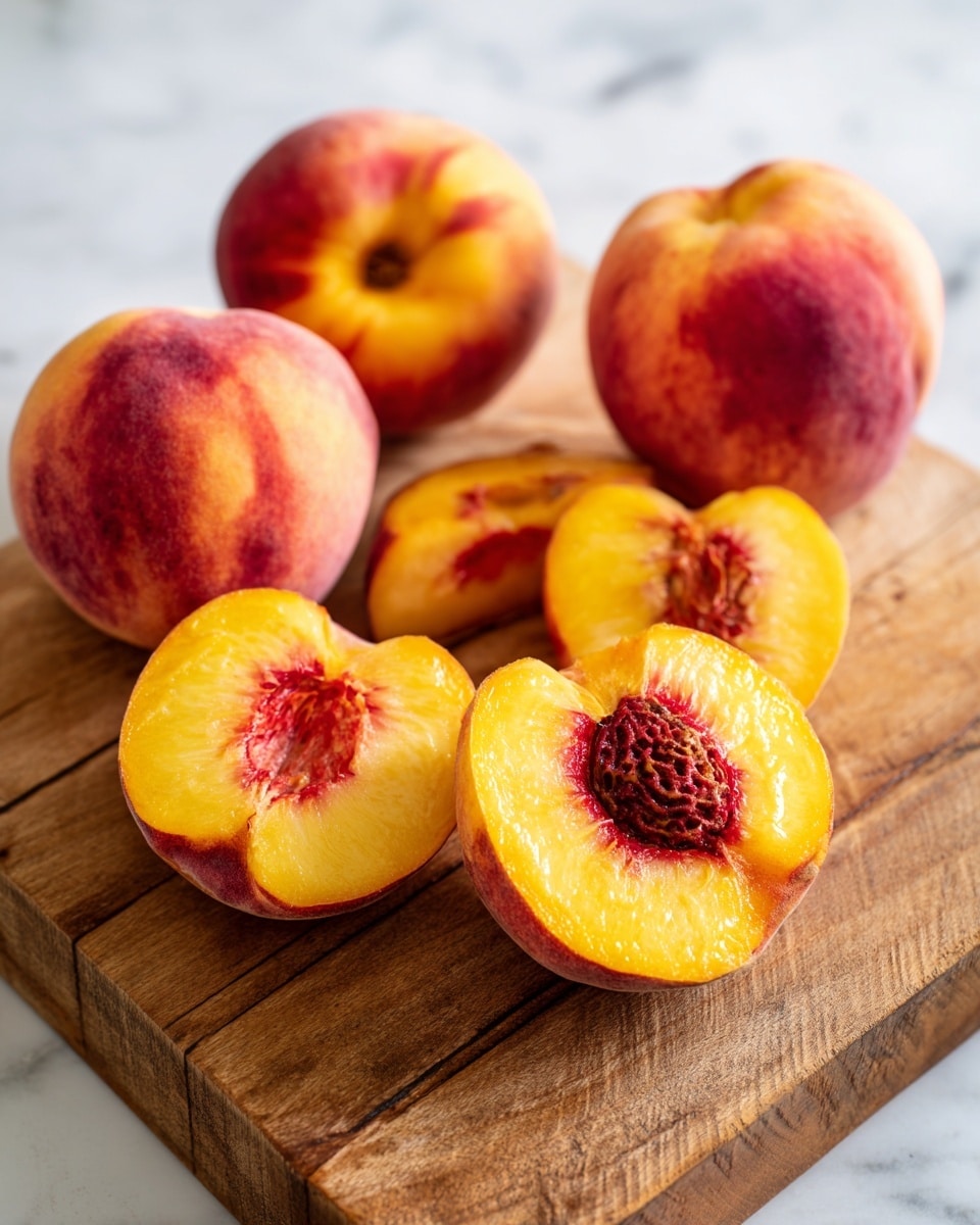 A wooden board holds several peaches arranged casually; three whole peaches show their soft skin with shades of pink, orange, and yellow, while four peach halves display bright yellow flesh with reddish-orange near the center, some showing the texture where the pit was removed. Two rough-textured peach pits lie beside the halves on the board, which has visible grain lines and slight wear. The setting is bright and clear, with a white marbled surface visible in the background. photo taken with an iphone --ar 4:5 --v 7