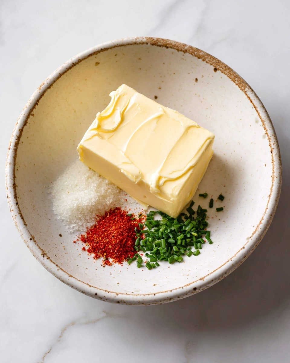 A small white bowl with brown speckles holds a single thick square of pale yellow butter in the center. On top of the butter, three small piles of seasonings are placed: bright green chopped chives, coarse white salt, and a small heap of red paprika powder. The bowl sits on a white marbled surface that has subtle gray veins, giving a clean and simple look to the image. photo taken with an iphone --ar 4:5 --v 7