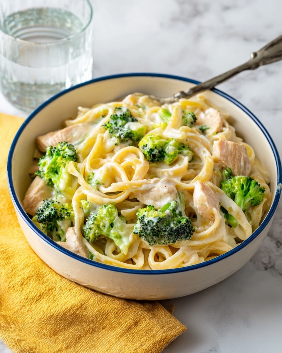 A white bowl with a blue rim holds a serving of creamy fettuccine pasta mixed with white sauce. On top, there are a few pieces of browned cooked meat and green broccoli florets scattered around. A silver fork rests inside the bowl on the left side. The bowl sits on a yellow checkered cloth placed over a white marbled surface. A clear glass of water is placed in the upper left corner. photo taken with an iphone --ar 4:5 --v 7