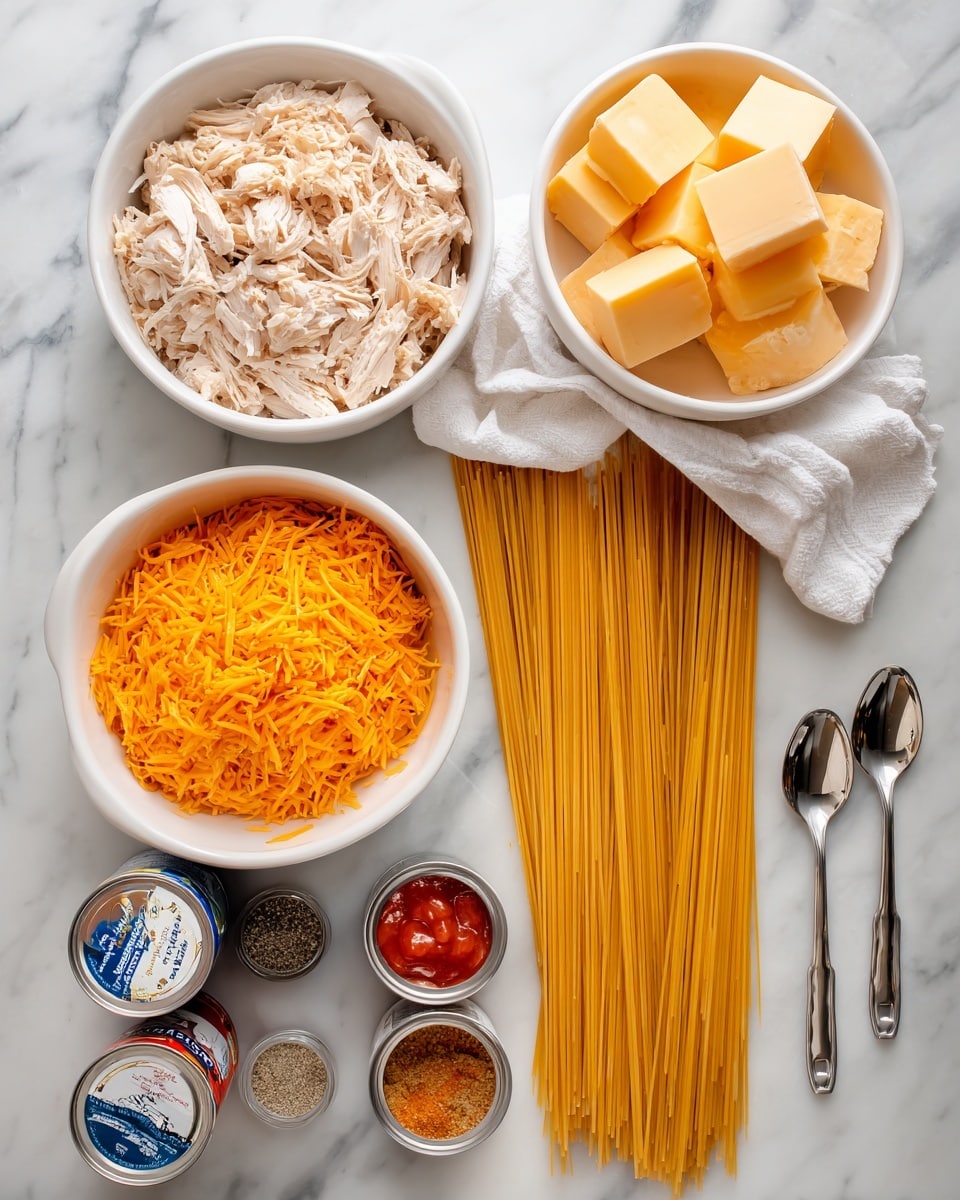 The image shows ingredients for a pasta dish arranged neatly on a white marbled surface. There are four main parts: at the top left, a white bowl filled with shredded cooked chicken with a soft texture; at the top right, a white cloth holding evenly cut yellow cheese cubes; below the chicken, a white bowl filled with finely shredded bright orange cheese; and next to the cheese bowl, long uncooked spaghetti pasta spread out in a straight line. To the right of the pasta, there are two spoons and two spices or seasoning containers arranged vertically. At the bottom left corner, two cans of soup and tomatoes are placed side by side. The whole setup looks clean and organized. photo taken with an iphone --ar 4:5 --v 7