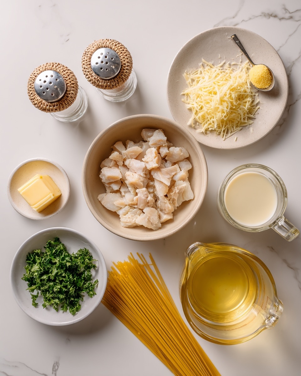 The image shows ingredients arranged neatly on a white marbled surface. In the center is a beige bowl filled with small white chunks of cooked chicken. To the left of the bowl are two glass shakers with silver tops wrapped in light wicker, one with salt and one with pepper. Above the bowl, there is a small beige dish with a yellow butter scoop. On the right side, there is a white plate holding finely grated pale yellow cheese and a metal grater partially resting on it. Below the plate is a neat bundle of dry yellow spaghetti strands. Near the bottom, there is a large clear glass measuring cup filled with golden liquid broth or stock, next to a smaller clear glass cup with creamy white liquid, and a tiny beige dish with a small cube of light yellow butter. In the lower center to the left, a white bowl holds finely chopped fresh green parsley. The whole scene is well lit and clean, styled simply for clarity. Photo taken with an iphone --ar 4:5 --v 7