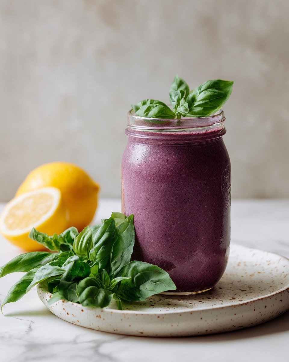 A clear glass jar filled with a smooth, thick purple smoothie topped with a small green basil leaf on the surface, sitting on a white plate. Next to the jar, there is a bunch of fresh green basil leaves and a lemon half with bright yellow color. The background and surface are white with a marbled texture. Photo taken with an iphone --ar 4:5 --v 7