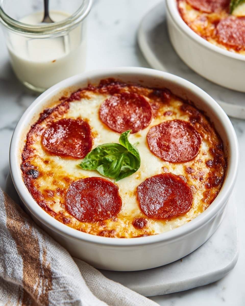 A small white round dish with handles contains a baked mini pizza with a layer of melted white cheese covering the entire top surface. On top are six round, glossy, deep red pepperoni slices arranged evenly, with one basil leaf garnish in the center. The edges of the cheese have a light golden brown bake. The dish sits on a white marbled surface, with part of another similar dish visible at the top right, and a small glass bowl of white creamy sauce at the bottom right. A striped cloth napkin lies casually beside the dish photo taken with an iphone --ar 4:5 --v 7