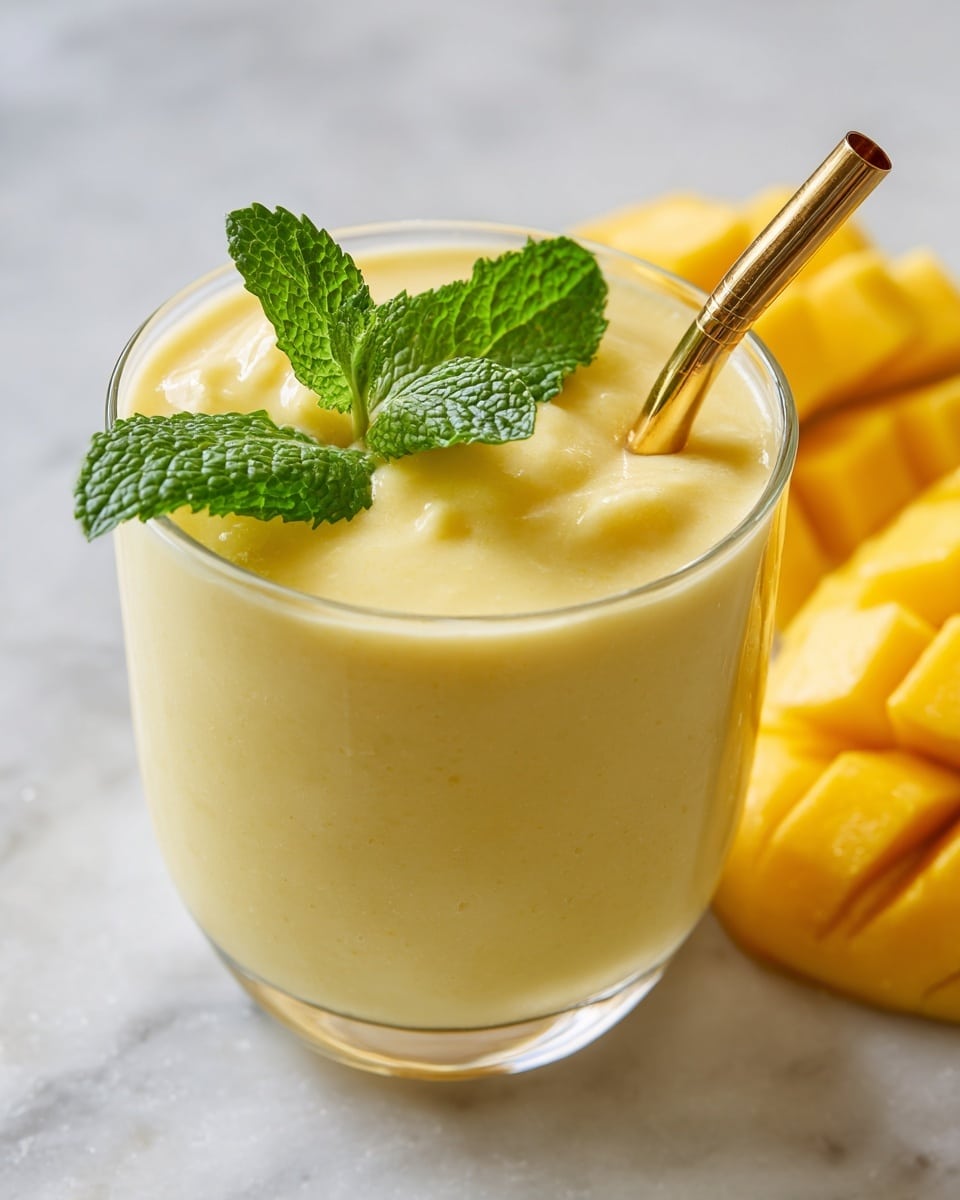 A clear rounded glass filled with a smooth, pale yellow mango smoothie sits on a white marbled surface. The smoothie reaches just below the rim and has a thick, creamy texture with small specks throughout. Two bright green fresh mint leaves rest on the surface of the smoothie near a shiny golden metal straw that is placed at an angle inside the glass. In the blurry background, a whole mango and a half mango with a grid pattern on the flesh can be seen, adding a vibrant yellow-orange color. Photo taken with an iphone --ar 4:5 --v 7