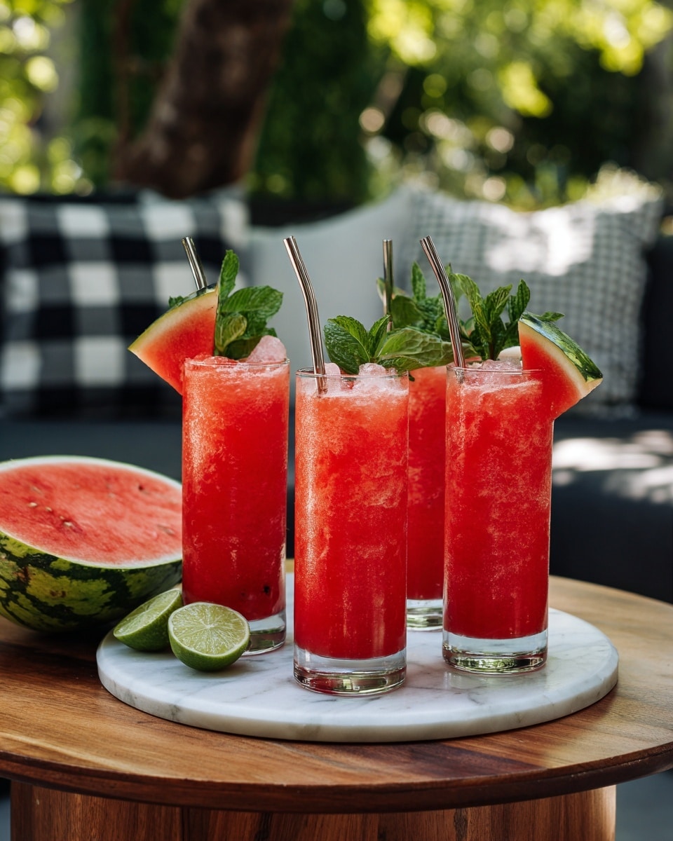 There are four tall clear glasses filled with bright red watermelon juice with a slightly icy texture. Each glass is decorated at the top with a small green watermelon slice, a green lime wedge, and a sprig of fresh green mint on the rim. Thin metal straws stand upright in each glass. The glasses are arranged on a round white marble tray that sits on a wooden table. To the right of the glasses, there is a half watermelon with a dark green rind and red flesh with black seeds. The background is blurred with green trees and a gray sofa with a black and white pillow visible behind. Photo taken with an iphone --ar 4:5 --v 7