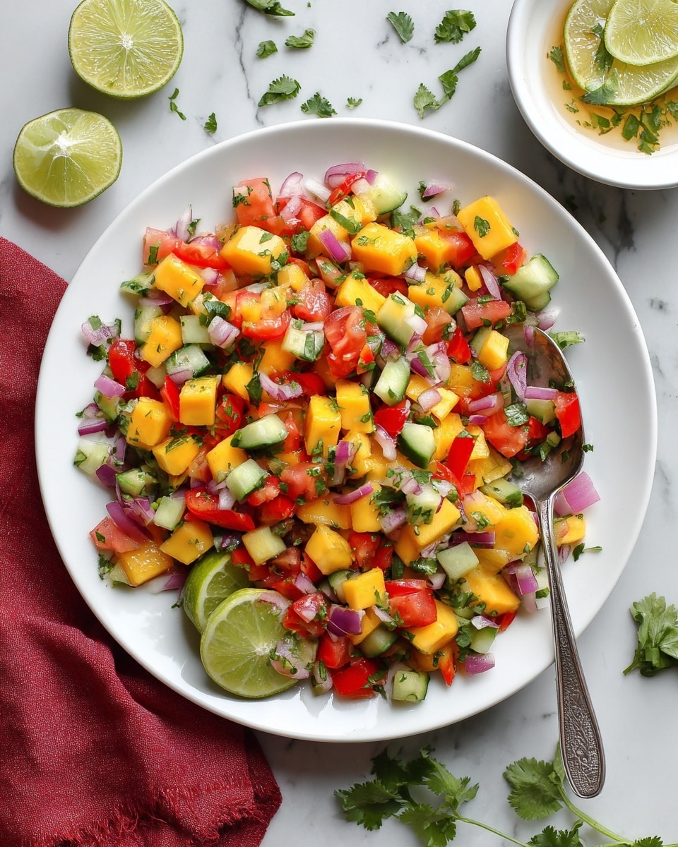 A white plate filled with a colorful salad consisting of three main layers: diced yellow mango chunks, chopped green cucumber pieces, and red tomato bits, all mixed with finely chopped red onion and green cilantro leaves. The salad is garnished with two lime wedges placed on top, and a silver fork and spoon rest on the left side of the plate. The plate is set on a white marbled surface with scattered cilantro leaves around, a slice of lemon at the top left, a white spoon with dressing in the top right corner, and a white bowl with lime wedges nearby. A crumpled orange cloth napkin is partially visible at the bottom left corner of the image. photo taken with an iphone --ar 4:5 --v 7