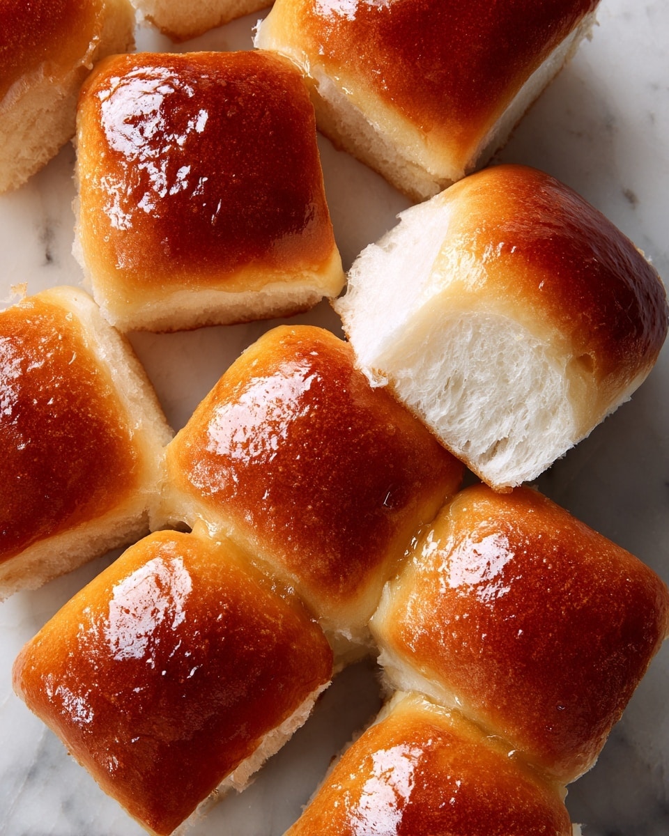 The image shows a group of twelve square bread rolls placed close together. Each roll has a shiny, smooth, golden brown top layer with a soft, fluffy white interior visible where some rolls have been gently pulled apart, showing their light and airy texture. The rolls are arranged on a dark surface, which should be changed to a white marbled texture. The light reflects subtly off the tops, emphasizing their soft crust. photo taken with an iphone --ar 4:5 --v 7