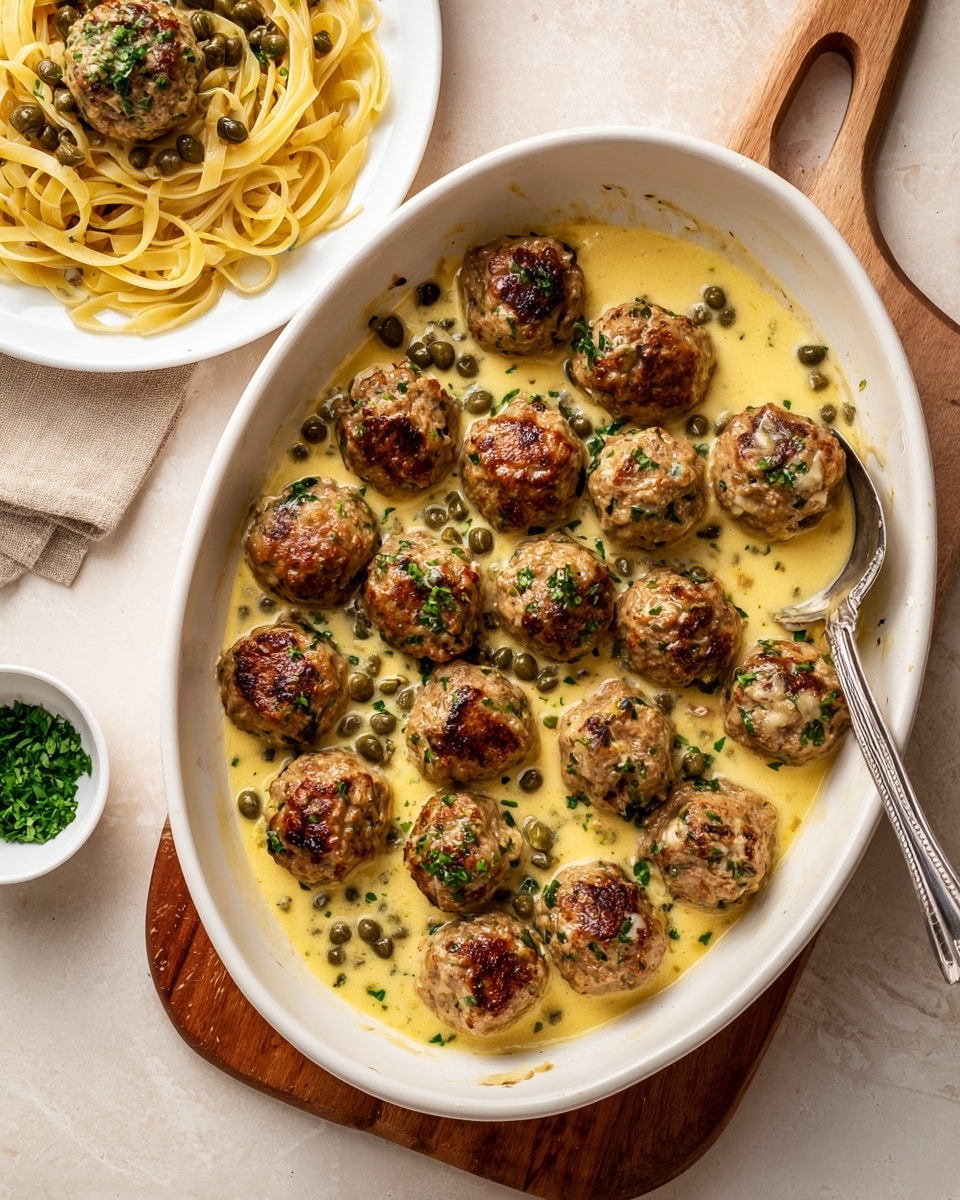 A white dish filled with about 25 small, golden-brown meatballs evenly spread on top of a light yellow sauce with small green capers scattered throughout. Fresh green chopped herbs are sprinkled over the meatballs and sauce, adding a dash of bright color. A silver spoon lies inside the dish among the meatballs, slightly stained with the sauce. The dish sits on a beige background with a wooden board and a white marbled surface partially visible underneath. Nearby, there is a white plate holding spaghetti with two meatballs on top and fresh green herbs, along with a small white bowl of extra chopped herbs. photo taken with an iphone --ar 4:5 --v 7