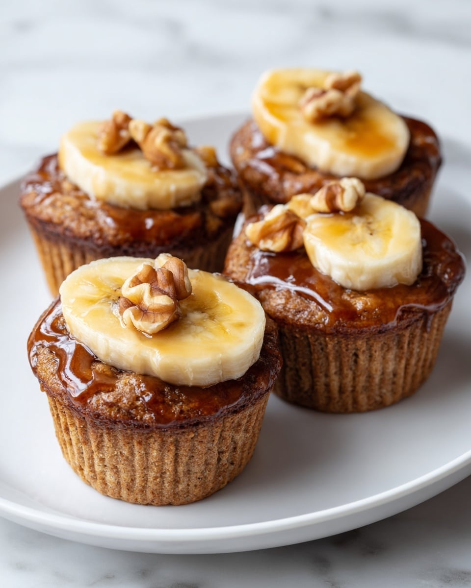 Four muffins are placed close together on a white plate with a simple round edge, set on a white marbled surface. Each muffin has a golden-brown, slightly textured top with a visible baked crumb. On the top center of each muffin is a single slice of banana, light yellow with soft texture, surrounded by small walnut pieces that add a rough texture. The banana slices and nuts appear glossy with a light syrup glaze that gives a shiny, moist look. The muffins’ paper liners are light brown with thin vertical stripes. The background is softly blurred. photo taken with an iphone --ar 4:5 --v 7