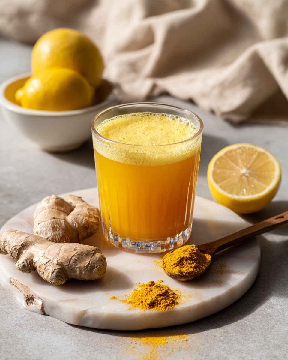 A clear glass filled with bright yellow-orange juice topped with a layer of frothy foam sits on a round white marbled board. Around the glass are pieces of fresh ginger root with a rough, light brown texture, a yellow lemon cut in half showing its pale inside, and a wooden spoon holding a heap of yellow powder with some spilled next to it on the light gray surface. In the background, a white bowl holds a whole yellow lemon, and there is a soft beige cloth softly blurred. The whole scene is softly lit with natural light. photo taken with an iphone --ar 4:5 --v 7