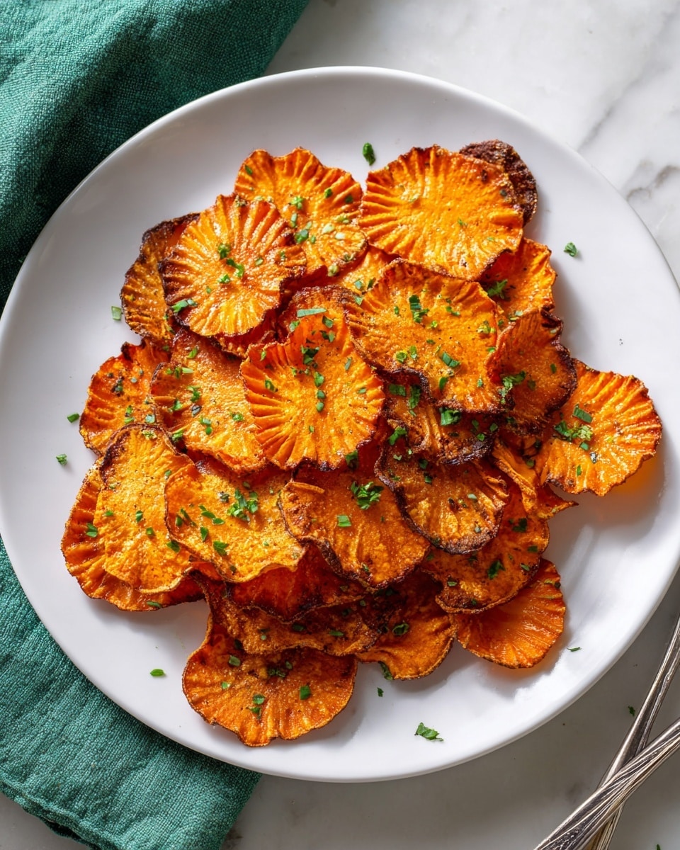 The image shows a white plate filled with several crispy, golden-orange slices of carrot fries, each with ridged edges and a crunchy texture on top. The fries are arranged in a loose pile, sprinkled lightly with small green herb pieces for color contrast. The plate is set on a white marbled surface, and part of a woman's hand is visible holding a fork near the edge of the plate. A pale green cloth napkin is on the left side of the frame. photo taken with an iphone --ar 4:5 --v 7