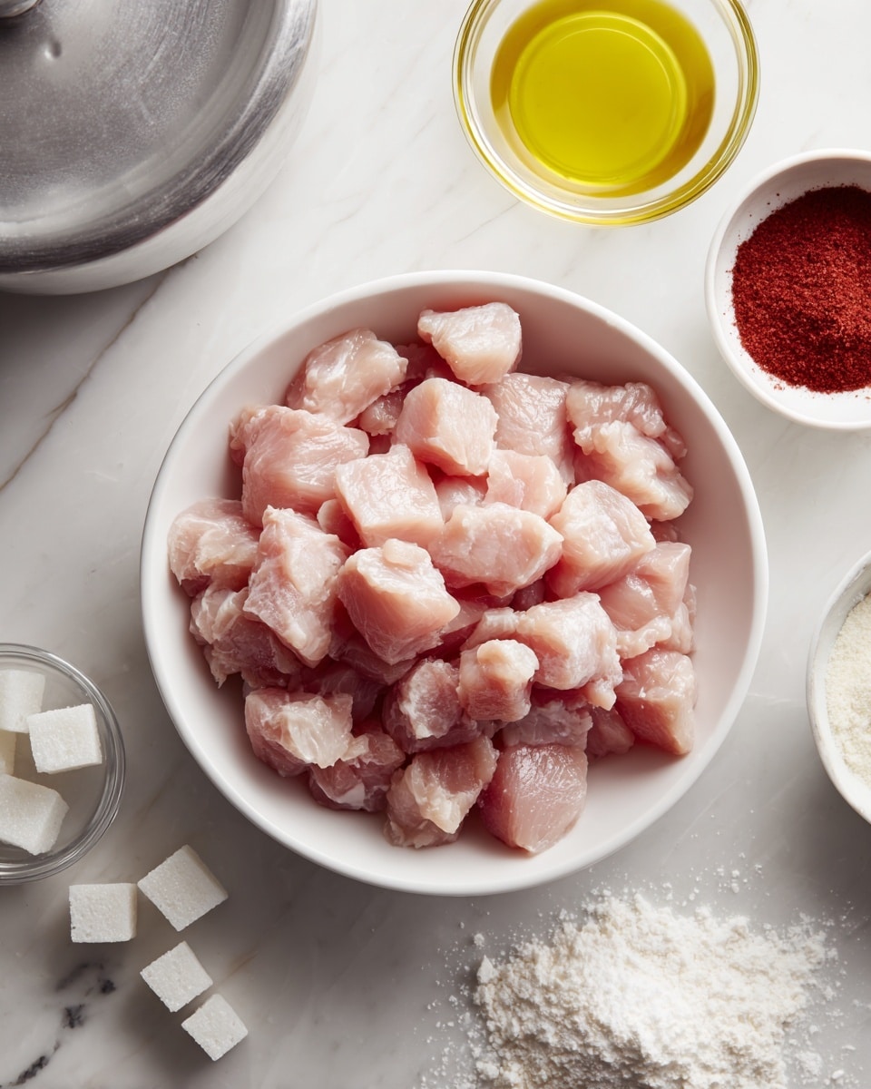 The image shows raw, cubed chicken pieces in a white bowl on a white marbled surface. Next to the bowl, there is a small cup with a yellow liquid, likely oil or butter, and another small clear container with white cubes, possibly salt or sugar. A white tablespoon filled with white granules, likely sugar or salt, is also visible. A round white bowl contains a red powder, and nearby is a small pile of white powder, likely flour or cornstarch. In the top corner, part of a silver rice cooker or pot is seen. photo taken with an iphone --ar 4:5 --v 7