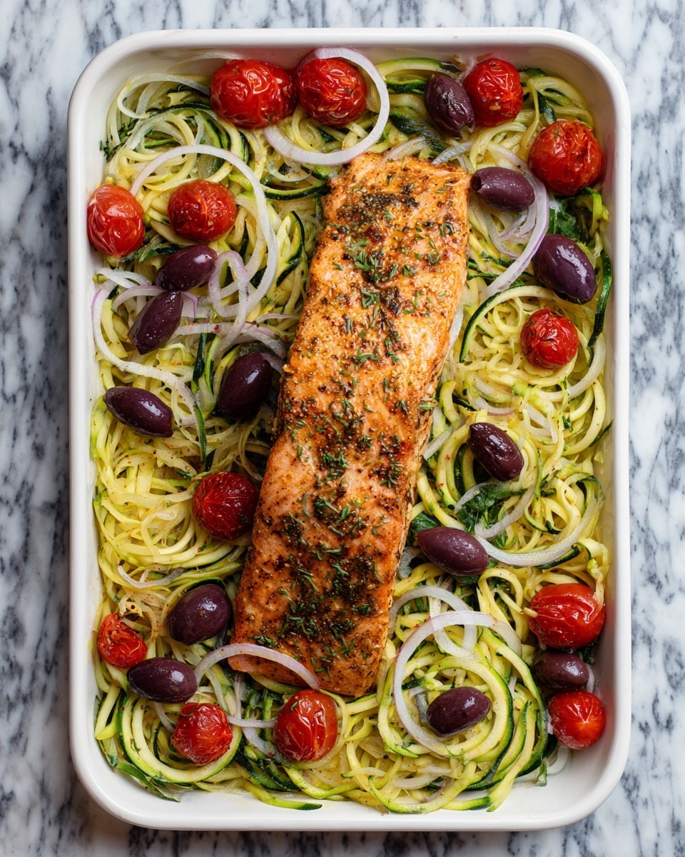 A white rectangular tray filled with a base layer of spiralized pale green zucchini noodles spread evenly. On top of the noodles, there are thin, round slices of white onion scattered all over. Small bright red cherry tomatoes and dark purple olives are placed around the edges and spread throughout the tray. In the center, there is a large, cooked salmon fillet with a golden brown surface, seasoned with herbs and spices. The background is a white marbled texture. Photo taken with an iphone --ar 4:5 --v 7