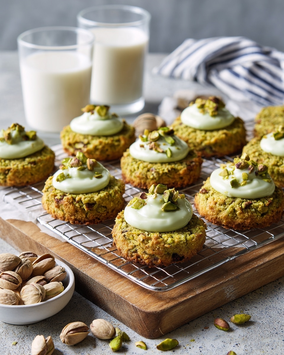 The image shows a cooling rack on a wooden board holding many round pistachio cookies. Each cookie has two layers: a crumbly yellowish-green outer layer with small nut pieces and a smooth pale green dollop of cream in the center. A few cookies are scattered around the board and on a white marbled surface underneath. A white bowl filled with whole pistachios is placed next to the rack, and some pistachio shells are scattered nearby. Two white bowls with milk are partially visible in the top left corner of the image. Photo taken with an iphone --ar 4:5 --v 7
