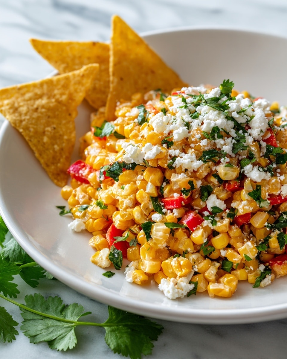 A white bowl filled with a colorful corn salad sits on a white marbled surface, the salad showing a mix of bright yellow corn kernels, small bits of red peppers, and scattered green leaves. On top of the corn, there is a light sprinkling of white crumbly cheese that adds texture and contrast. A white tortilla chip is placed partially inside the bowl on the left side, with a woman's hand holding it gently. Around the bowl, there are extra tortilla chips and some fresh green herb sprigs for decoration. The image looks fresh and bright, with a clean and crisp presentation. photo taken with an iphone --ar 4:5 --v 7