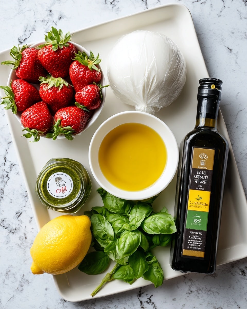The image shows a white tray with six items arranged neatly. In the top left, there is a small white bowl filled with fresh red strawberries with green leaves still attached. Next to it on the right, there is a round white ball of mozzarella cheese wrapped in plastic. On the bottom left, there is a yellow lemon placed directly on the tray. Below the lemon, a small glass container with a green pesto sauce label is positioned. In the middle bottom, there is a small white bowl holding a golden yellow liquid, likely olive oil. To the right of the oil, fresh green basil leaves are spread out on the tray. On the far right, there is a tall bottle of dark olive oil with a yellow and green label. The background is a white marbled texture. photo taken with an iphone --ar 4:5 --v 7