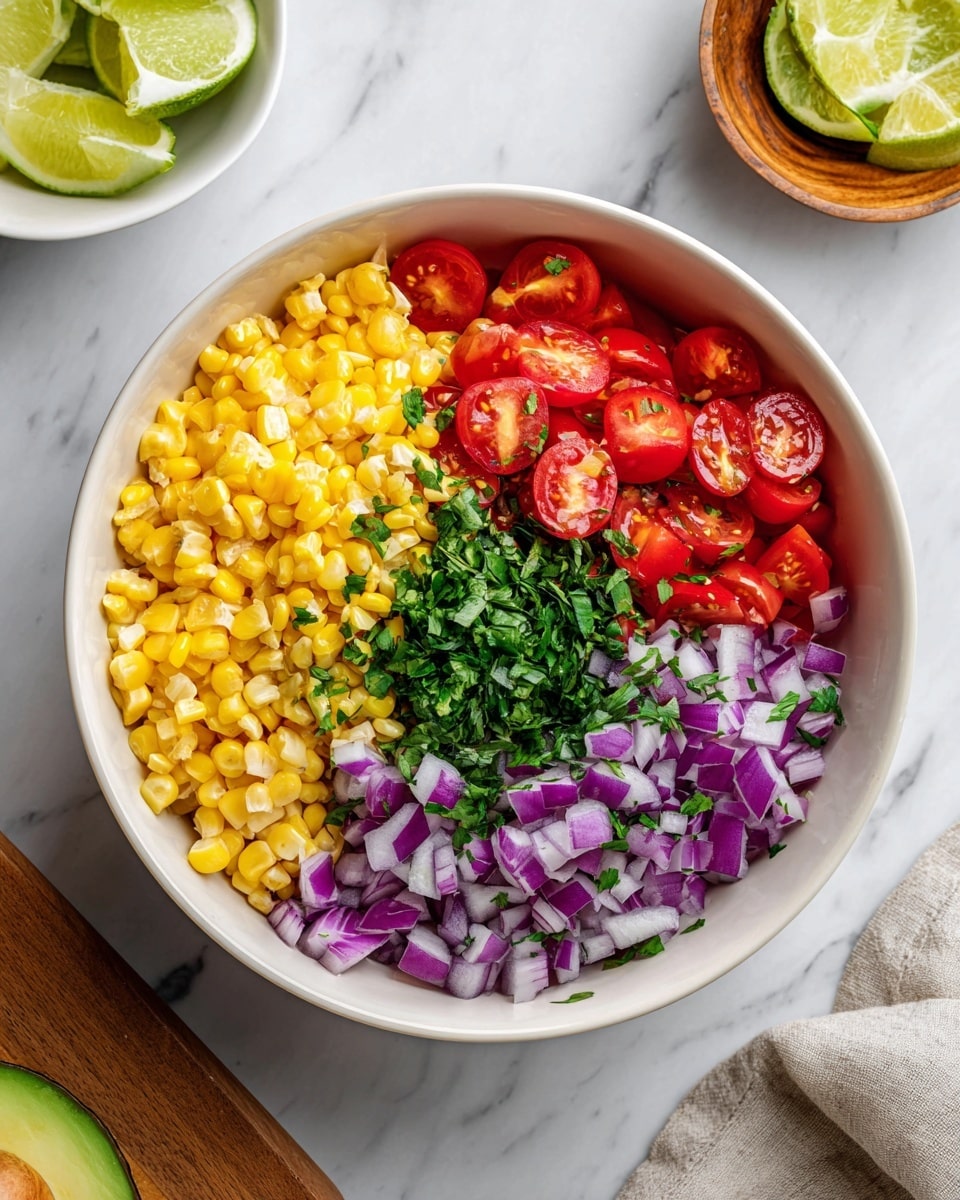 The image shows a white bowl filled with four colorful layers of fresh ingredients. The top right part contains yellow corn kernels, next to it on the right side there are sliced red cherry tomatoes. On the bottom right, there are small pieces of chopped purple onion, and on the bottom left, finely chopped green herbs fill the space. The bowl is placed on a white marbled surface, and a woman's hand is slightly visible at the edge. Nearby there is a small wooden bowl holding lime slices and another white bowl with half an avocado. photo taken with an iphone --ar 4:5 --v 7