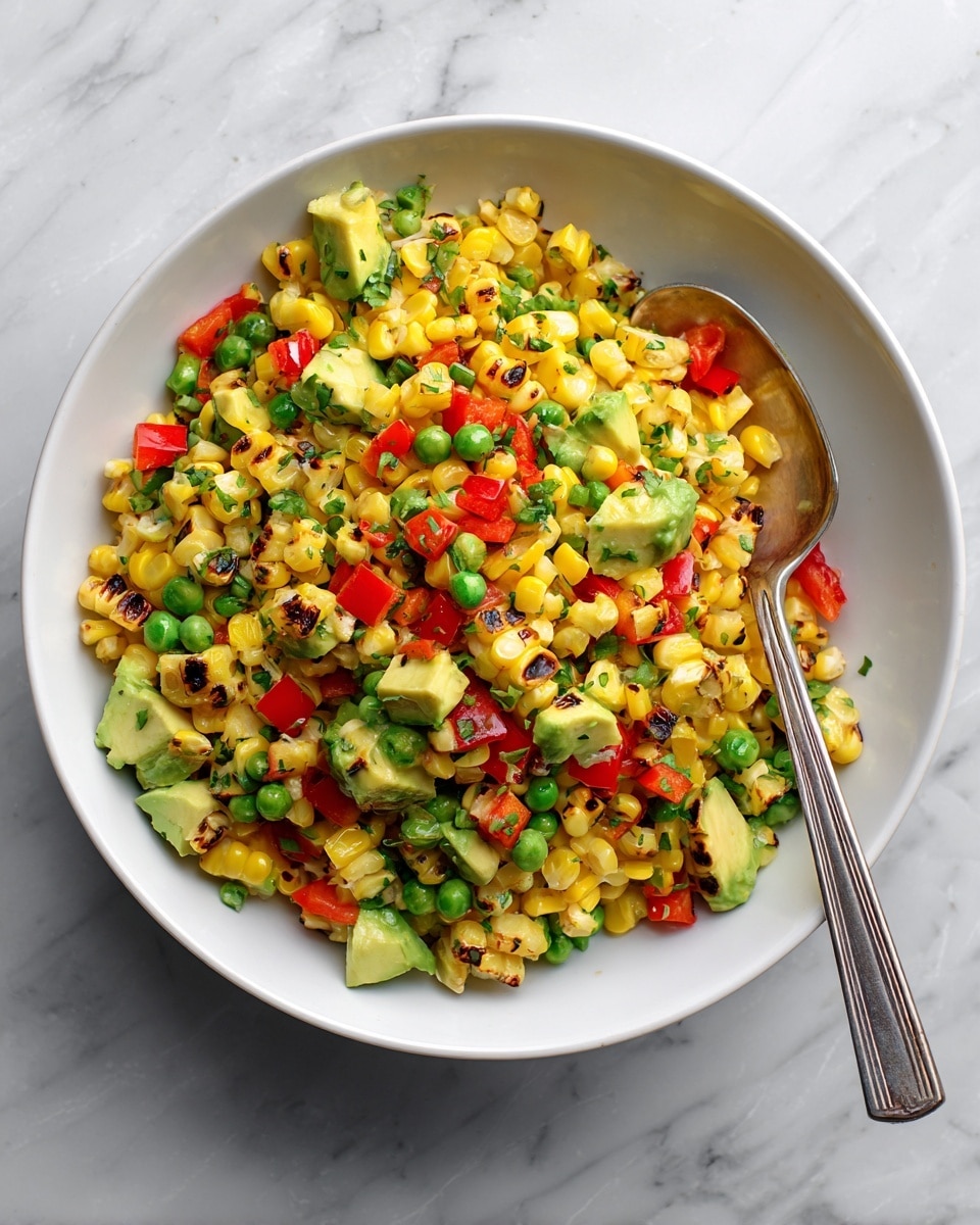 This image shows a white bowl filled with a colorful salad made of grilled yellow corn kernels, small green avocado pieces, red diced tomatoes, chopped white onions, and fresh green herbs mixed together. A silver spoon is partly visible on the right side, resting inside the bowl. The salad looks fresh and vibrant with a mix of textures from the soft avocado and crunchy corn. The background surface is a white marble texture. Photo taken with an iphone --ar 4:5 --v 7