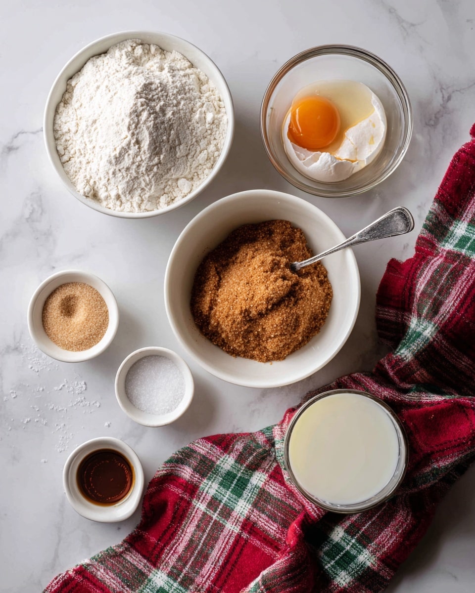 The image shows various baking ingredients arranged neatly on a white marbled surface. There is a white bowl filled with white flour on the top left, next to another clear bowl with a cracked raw egg inside on the top right. In the center, a white bowl contains brown sugar mixed with some white powder, with a silver spoon resting inside. Below the bowls, there are three small white containers holding a light brown powder, a dark liquid, and some salt. To the right bottom corner, there is a glass of white liquid, most likely milk. A red and green checkered cloth is laid beneath the bowls and containers, adding a colorful touch to the scene. photo taken with an iphone --ar 4:5 --v 7