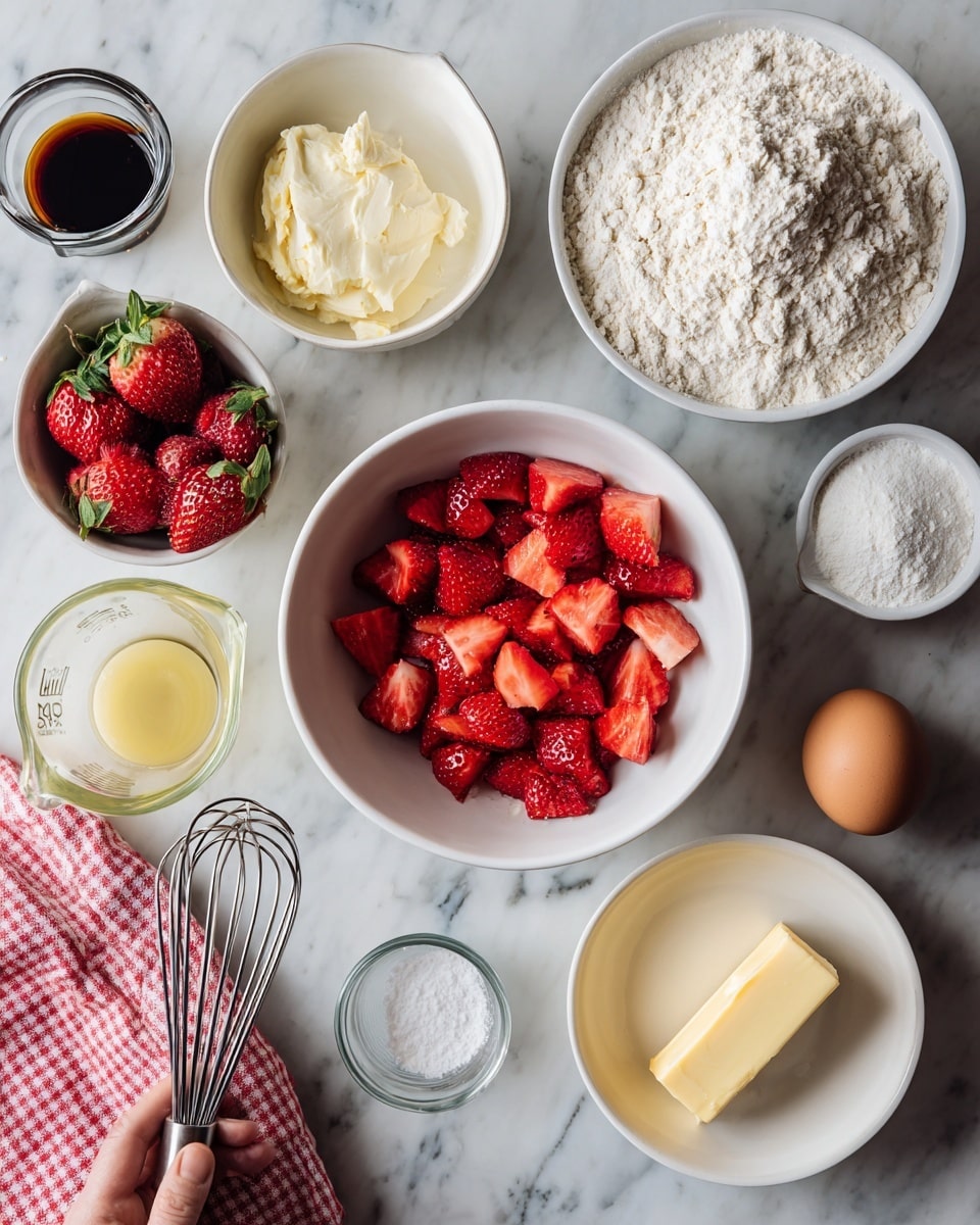 The image shows a white marbled surface with several white bowls and containers holding ingredients for baking. In the center, there is a white bowl filled with chopped red strawberries. Around it, there is a larger white bowl full of flour, a glass measuring cup with cream, a small white bowl with sugar, a small glass cup with dark liquid, a stick of yellow butter, and an egg placed directly on the surface. A woman's hand holding a metal whisk is also visible. A red and white checkered cloth is partly seen at the bottom left corner of the image. Photo taken with an iphone --ar 4:5 --v 7