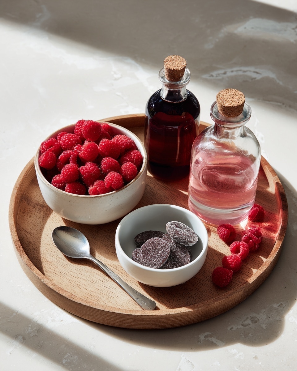 A round light wood tray sits on a white marbled surface. On the tray, there is a white bowl filled with bright red raspberries on the left side, and next to it, a small white bowl contains dark slices of fruit with a textured surface. To the right of these bowls, there are two glass bottles, one filled with a dark red liquid and the other with a pinkish liquid, both with cork stoppers. A few raspberries are scattered lightly on the tray and on the white marbled surface around it. In the lower part of the image, a white bowl contains a silver spoon with a simple design. The lighting is soft and natural. Photo taken with an iphone --ar 4:5 --v 7