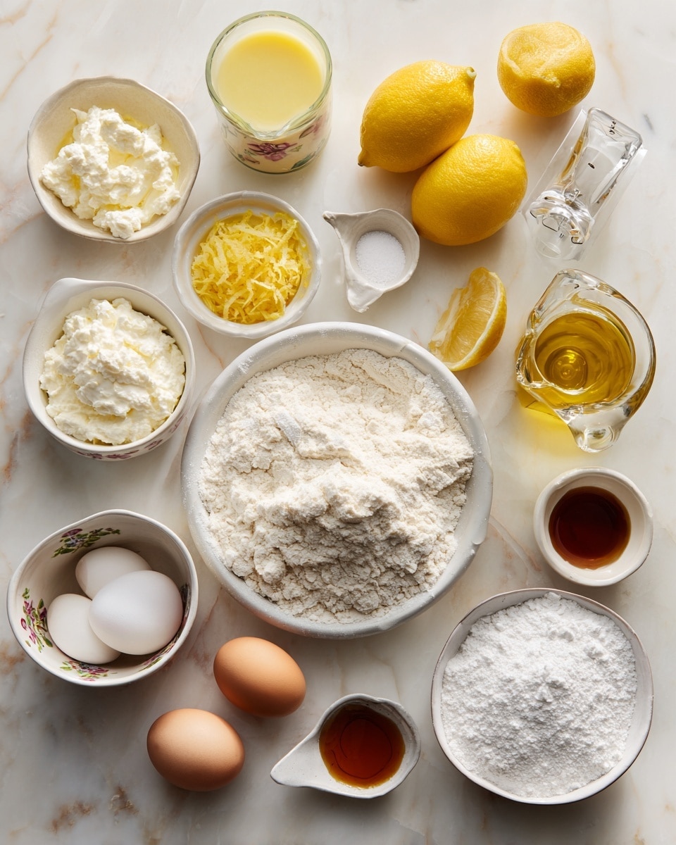 The image shows an overhead view of a variety of baking ingredients placed on a white marbled surface. There are two whole lemons and a halved lemon at the top right, a clear glass citrus juicer with pale yellow lemon juice on the top left, and a small bowl containing yellow lemon zest near the lemons. A large white bowl filled with white flour is placed near the center, with a small white cup with a floral pattern partially buried in the flour. To the left of the flour bowl, there is a smaller white bowl containing white creamy cheese, above a white measuring cup filled with white sugar. Two brown eggs sit near the bottom center. A small glass bowl with dark amber vanilla extract is located near the sugar. To the right of the sugar, a white bowl with powdered sugar is placed next to a small white bowl with baking powder. An olive oil dispenser with a golden yellow liquid is near the center right. At the bottom right, there is a small bowl containing salt, and a lemon slice cut edge is visible. The photo is taken with an iphone --ar 4:5 --v 7