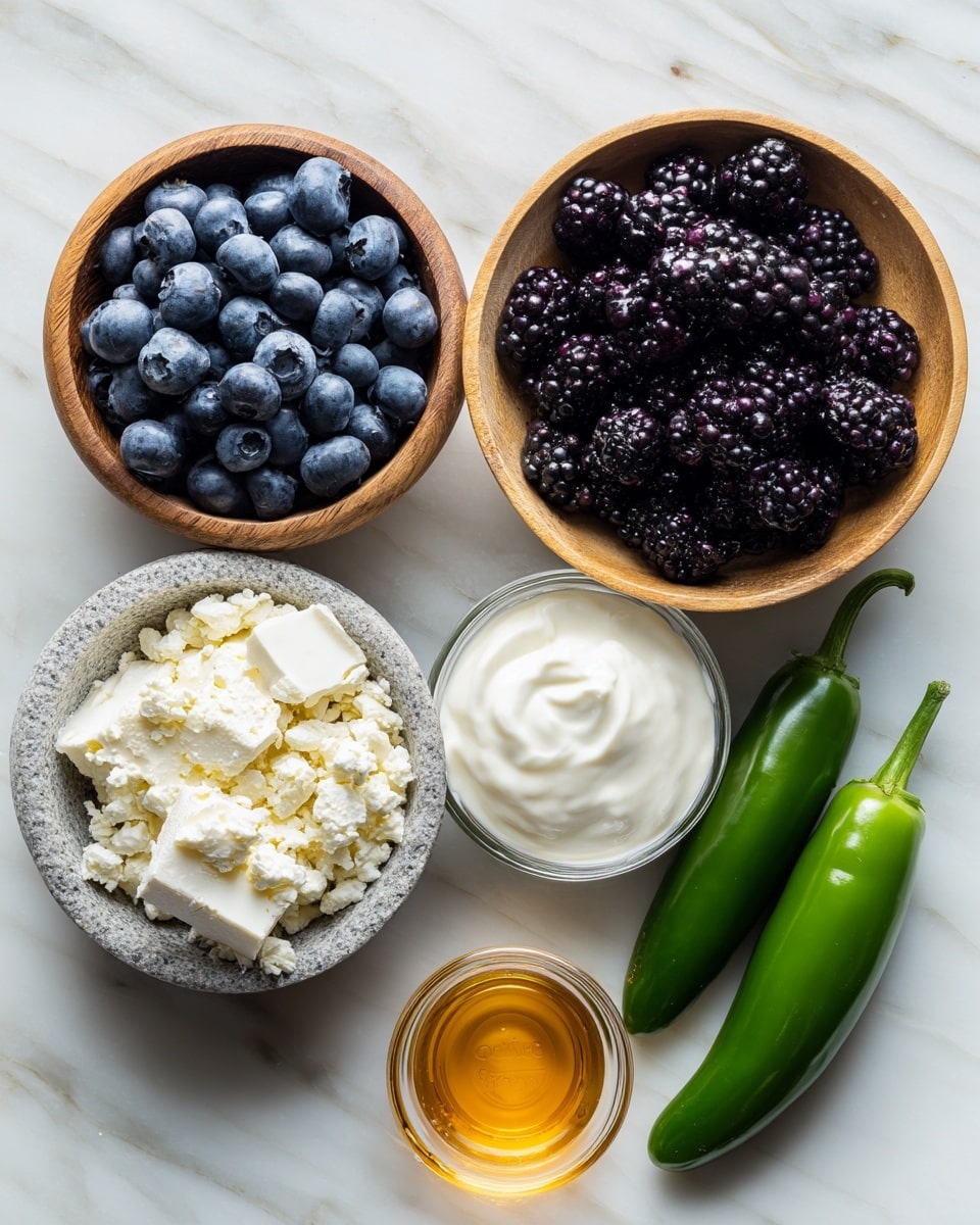 The image shows several ingredients arranged on a white marbled surface: a wooden bowl with bright blue blueberries filled to the top, a wooden bowl with a block of creamy white cheese showing smooth texture, a light gray stone bowl with crumbled white cheese and sliced green jalapeños on top, a white bowl full of dark purple blackberries, three fresh green jalapeños placed next to each other, a small clear glass bowl filled with creamy white yogurt, and another small clear glass bowl filled with golden honey. photo taken with an iphone --ar 4:5 --v 7