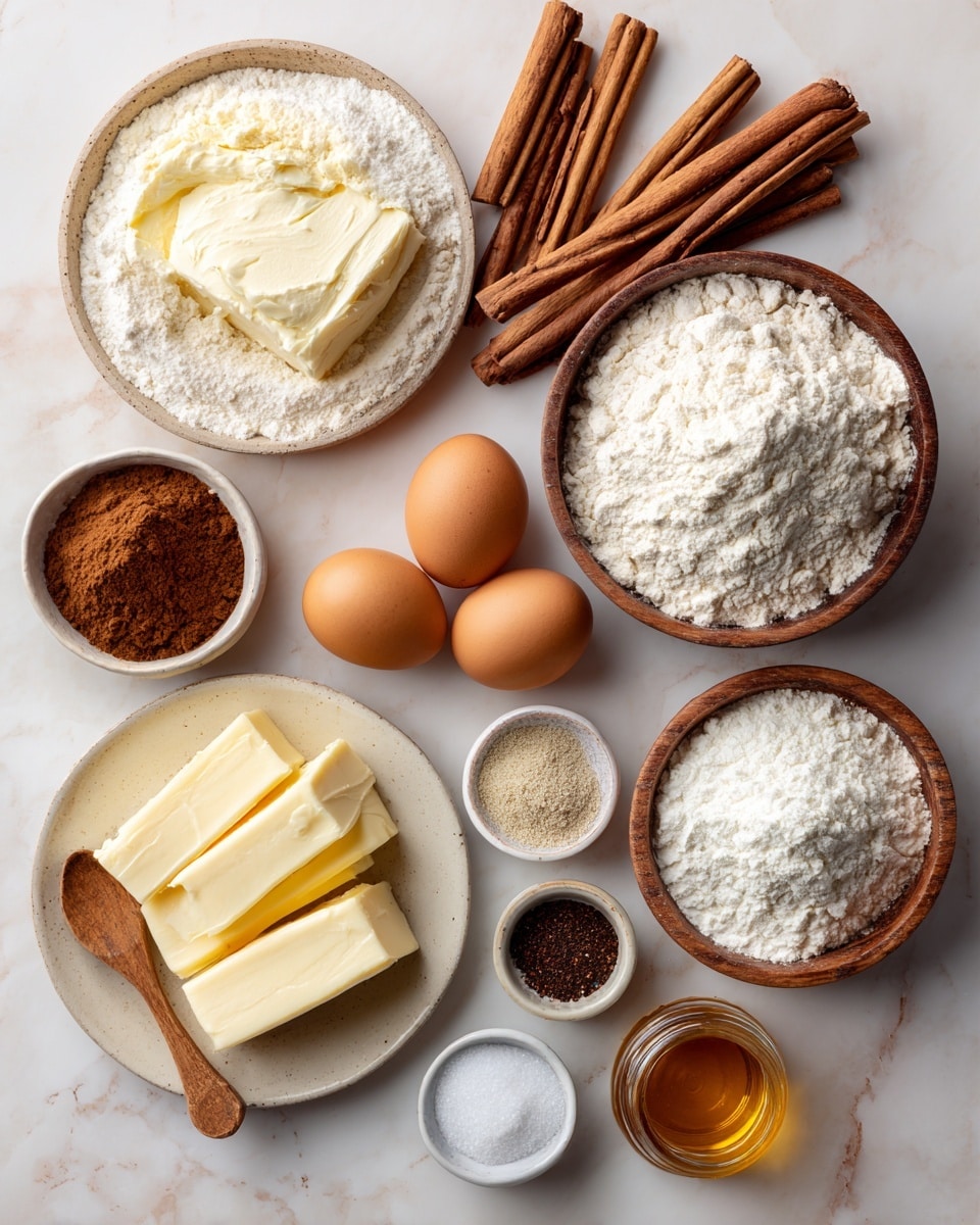 The image shows a top view of various baking ingredients neatly arranged on a white marbled surface. On the top right, there is a wooden bowl filled with white flour, and below it is another wooden bowl with a smaller amount of flour. In the center, three brown eggs are placed in a row. To the left, a round plate holds a creamy white cheese with a soft texture. Nearby, a bowl contains three rectangular slices of butter soaking in a yellow liquid. Above the butter, there are cinnamon sticks and a bowl filled with brown cinnamon powder. A small white bowl contains a dark brown paste, and another small bowl holds white granulated sugar. A wooden spoon rests in a tiny bowl with ground spices. A small jar of amber-colored liquid is next to more spices. All items are well spaced and placed with an organized, clean look photo taken with an iphone --ar 4:5 --v 7