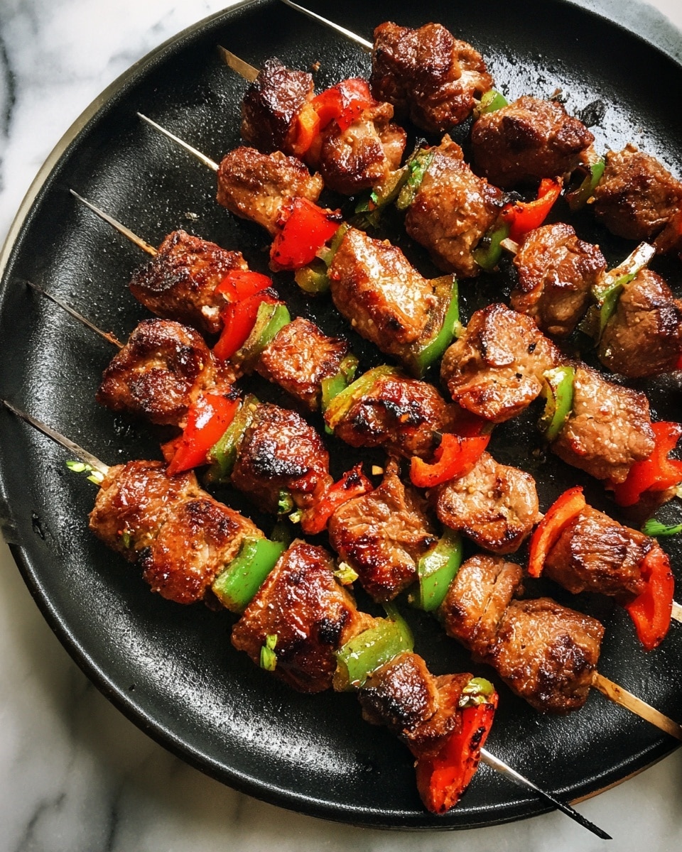 The image shows several skewers of grilled meat cooking on a round black pan over a stove. The meat pieces are brown with slight charring and are separated by small bright red and green bell pepper chunks. The skewers are lined up closely, covering the pan evenly. The background is a white marbled texture. photo taken with an iphone --ar 4:5 --v 7