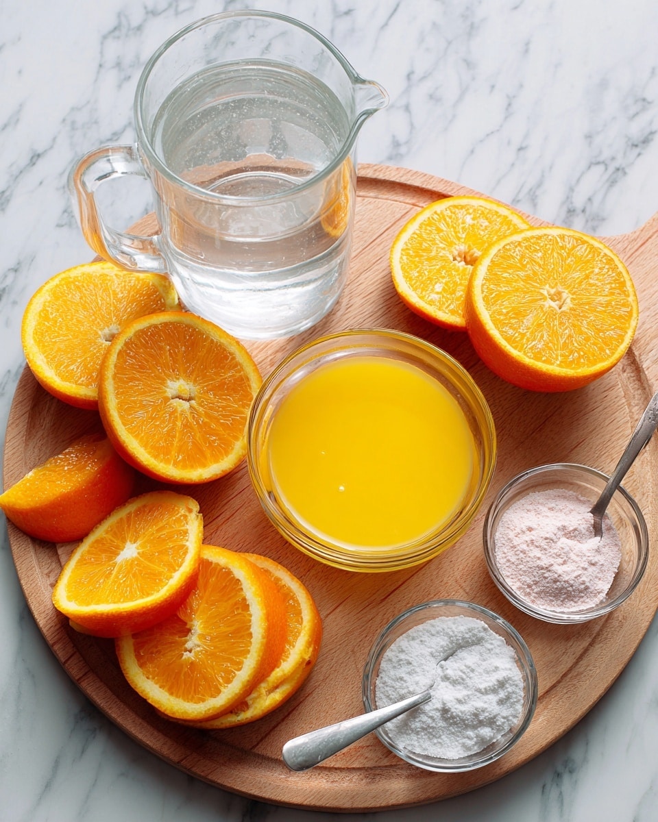 The image shows a wooden board with several ingredients neatly arranged on it. There is a glass pitcher filled with clear water on the top left. Near the center, there is a glass bowl containing bright yellow-orange liquid, likely juice. Around the bowls, there are several slices of fresh orange, some whole and some cut in half, showing their juicy texture and vibrant orange color. Small clear glass bowls hold white powder and a pinkish powder, placed near a white bowl with a silver spoon inside. The surface beneath the board is a white marbled texture. photo taken with an iphone --ar 4:5 --v 7