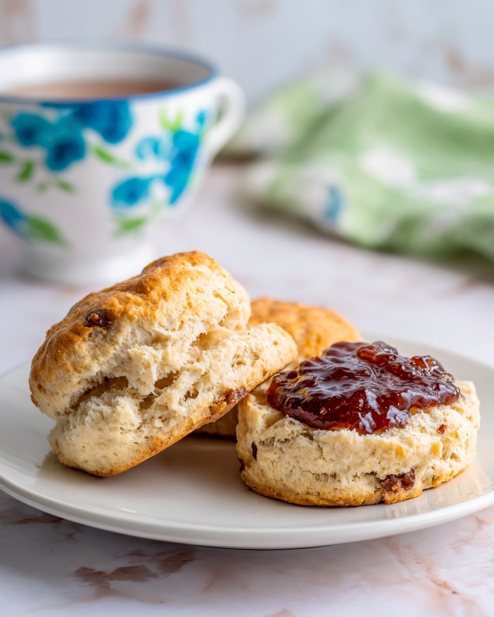 The image shows a white plate with two scones placed on it, one whole and the other split open to reveal a thick dark jam inside. The scones have a golden-brown crust with a soft, crumbly texture on the inside, and small bits of fruit or nuts can be seen in the dough. The background is a white marbled surface with a soft focus on a floral-patterned blue and white cup and a green and white cloth, adding a cozy, fresh feeling. Photo taken with an iphone --ar 4:5 --v 7