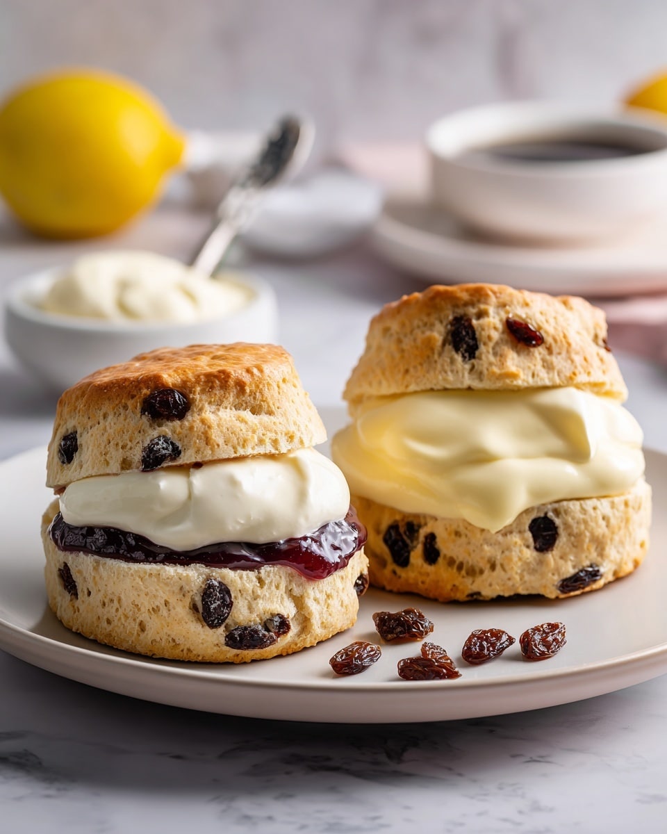 Two cream scones with raisins sit side by side on a white plate with a gray rim, placed on a white marbled surface. Each scone has two layers; the bottom layer is golden-brown with raisins visible, topped by a dollop of cream and a thick spread of jam. The scone on the left has dark red-purple blueberry jam, while the scone on the right has a pale yellow lemon curd. Both scone tops are slightly browned and studded with raisins, resting slightly tilted on the cream. In the background, there is a white bowl with a spoon and blurred half a lemon, all against a soft white setting. photo taken with an iphone --ar 4:5 --v 7