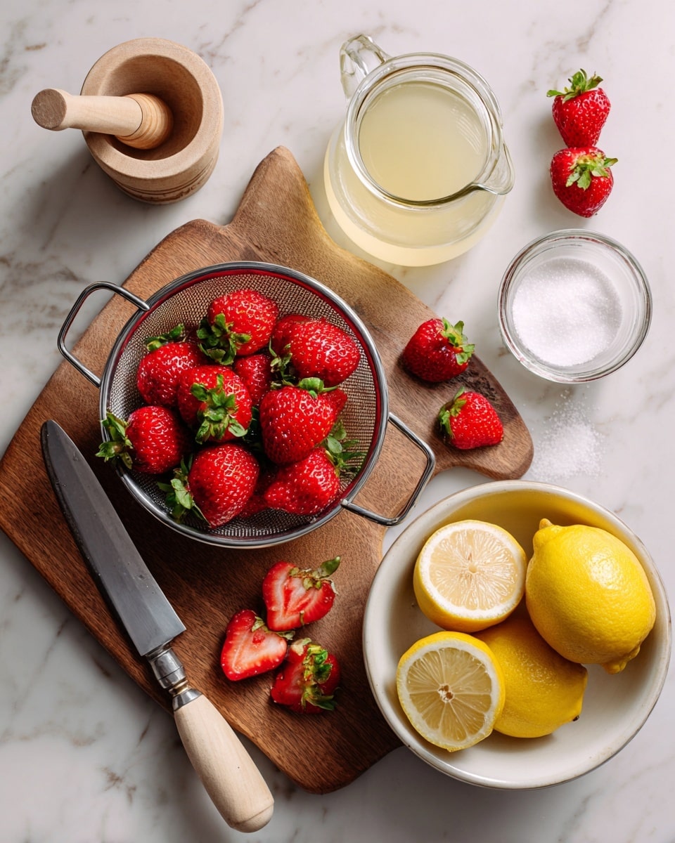 The image shows a white marbled surface with a clear glass pitcher holding a wooden muddler in the bottom left. Above it is a wooden board with a steel colander filled with whole bright red strawberries with green tops, and a few loose strawberries and strawberry halves scattered on the board. To the right of the board is a small knife with a white handle lying flat. At the top center is a small glass jar filled with a light yellow liquid, and to the left is a round glass bowl filled with white granulated sugar. At the bottom right is a white bowl filled with whole yellow lemons and two lemon halves showing the juicy interior. photo taken with an iphone --ar 4:5 --v 7