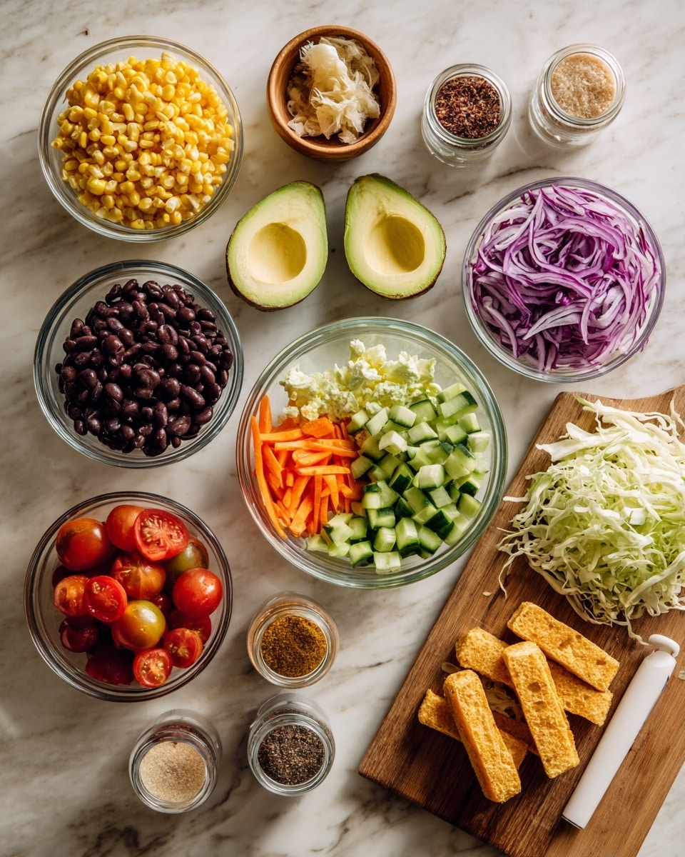 The image shows several clear glass bowls and small dishes arranged on a white marbled surface, each filled with different fresh ingredients. There are two avocado halves with smooth green flesh near the center, next to a bowl of dark black beans. Around them are bowls containing bright yellow corn kernels, chopped cucumbers, vibrant orange carrot sticks, halved cherry tomatoes, chopped cabbage with creamy white and yellow layers, and thinly sliced purple onions in a small wooden bowl. There are also small glass jars with various fine spices and seasonings in red, beige, brown, and white colors. At the bottom right, four rectangular pieces of crisp food are placed on a wooden board with a white plastic utensil resting nearby. Photo taken with an iphone --ar 4:5 --v 7