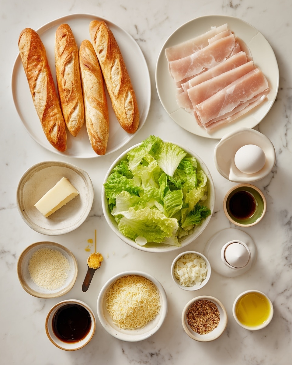 The image shows a top view of neatly arranged food ingredients on a white marbled surface. In the top left, there is a white plate holding five golden-brown small baguettes with a crispy texture and diagonal slashes on top. In the top right, a white plate carries several thin slices of raw pale pink meat layered slightly over each other. Below these, in the center, a small bowl holds fresh bright green leafy lettuce with a crisp texture. Surrounding the main plates and bowl are smaller bowls and dishes containing various ingredients: a small dish with dark brown sauce, a bowl of white grain cheese, another bowl with light yellow grated cheese, a dish with creamy white mayonnaise, a bowl of coarse yellow breadcrumbs, a white egg resting in an egg cup, and other small bowls with light green liquid, finely grated garlic in white liquid, a mix of salt, black and pink seasoning, and a spoonful of grainy yellow mustard. The arrangement is clean and organized, emphasizing natural colors and textures. Photo taken with an iphone --ar 4:5 --v 7