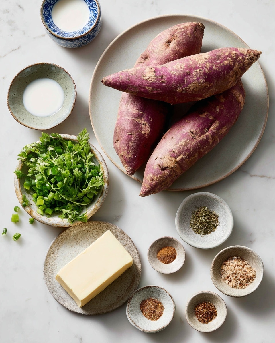 The image shows two large, rough-textured purple sweet potatoes resting on a light gray plate positioned at the top center. Surrounding the plate are seven small bowls arranged on a white marbled surface: a blue and white ceramic bowl with milk on the top left, a green herb-filled rustic bowl just below it, a bowl with chopped green onions below the herbs, a light plate with a block of pale yellow butter in the center bottom, and three other small bowls with various brownish spices arranged from right to left on the right side of the image. The scene is bright, simple, and organized with a natural homemade cooking feel. Photo taken with an iphone --ar 4:5 --v 7