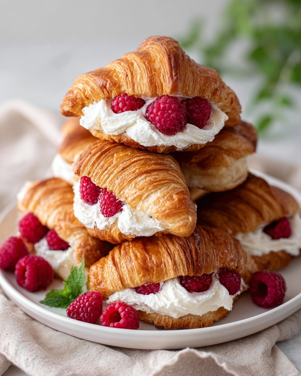 A white plate holds a stack of five golden-brown croissants, each with a crispy, flaky outer layer. Inside the croissants is a creamy white layer of filling, topped with bright red raspberries that add a fresh and vibrant color contrast. Additional raspberries are scattered around the plate. The plate sits on a grey cloth with fringed edges, all set on a white marbled surface. The background is softly blurred green foliage, giving a fresh and natural feel. photo taken with an iphone --ar 4:5 --v 7