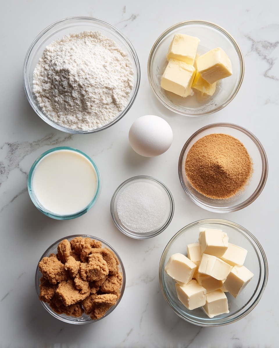 The image shows various baking ingredients arranged neatly on a white marbled surface. In the top left, there is a clear glass bowl filled with white flour next to a small clear glass bowl of light yellow butter. Below them, a small clear bowl of white sugar sits beside a single white egg and a small glass bowl with a beige powder, likely yeast. On the right side, there is a clear bowl with orange-brown powdered spice and a small clear bowl with pale yellow butter cubes. At the bottom left, a glass bowl holds white milk and next to it is a small round container filled with crushed-looking brown cookies or oats. The bowls and containers are all clear or white, showing off the different colors and textures of the ingredients clearly. photo taken with an iphone --ar 4:5 --v 7