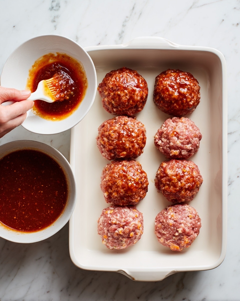 The image shows a white rectangular baking dish with eight meat patties arranged in two rows of four. The front row contains four raw patties with a mix of pink meat and small orange and white bits, while the back row has four patties covered in a shiny reddish-brown sauce. To the left of the dish is a white bowl filled with the same reddish-brown sauce. A woman's hand holds a white spatula covered in sauce, spreading it over the third raw patty in the front row. The scene is set on a white marbled surface. Photo taken with an iphone --ar 4:5 --v 7