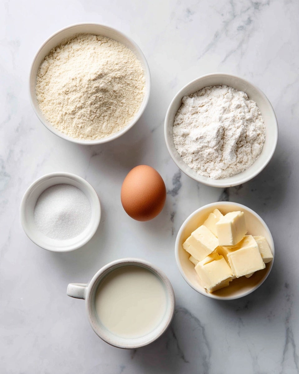 The image shows six bowls and an egg arranged on a white marbled surface. Starting from the top center, there is a small white bowl filled with a light beige powder. To the right of it, a white bowl holds a fine white flour. Below these, on the left side, there is a single brown egg placed directly on the surface. Near the egg, a small white container holds a white granulated substance, likely sugar. Next to that, a small white dish contains a white powder, possibly salt. On the right bottom corner, a small white bowl is filled with several chunks of pale yellow butter. In the bottom center, a white cup is filled with a creamy white liquid, likely milk. The bowls and items are neatly spaced on the marbled backdrop. Photo taken with an iphone --ar 4:5 --v 7