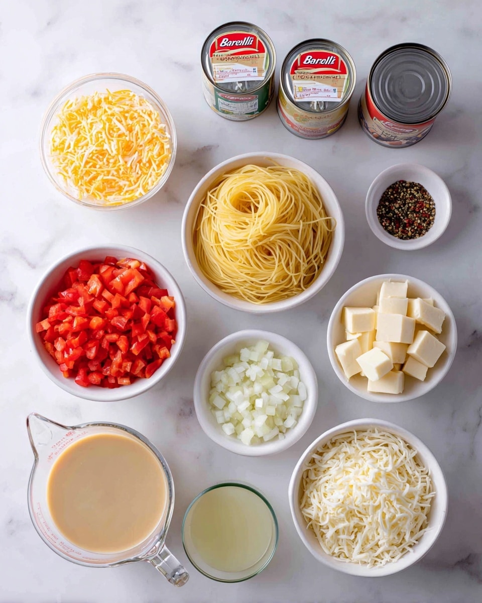 The image shows ingredients arranged neatly on a white marbled surface, with a box of Barilla spaghetti centered at the top. Surrounding it are bowls and cans: a bowl of shredded cheddar cheese to the left, a bowl of cubed white cheese to the right of the spaghetti box, a bowl of chopped red bell peppers to the right, a bowl of shredded mozzarella cheese on the bottom right, and a bowl of diced onions on the bottom left. Below the cheddar bowl, there is a small glass measuring cup filled with a beige liquid, and next to it, a clear glass cup with a pale yellow liquid. Two cans, one of Ro*Tel diced tomatoes and green chilies and one of Campbell's cream of mushroom soup, sit in the center bottom. At the top right corner, a small white bowl holds mixed spices. Photo taken with an iphone --ar 4:5 --v 7