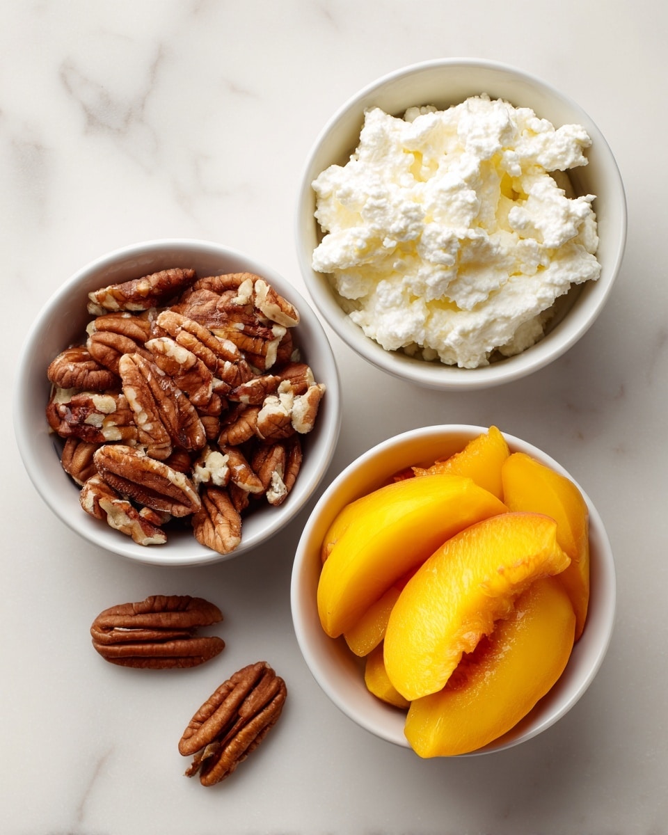 The image shows three small white bowls on a white marbled surface; the top bowl contains white, creamy cottage cheese with a lumpy texture, the right bowl holds bright yellow peach slices with a shiny, juicy look, and the left bowl is filled with chopped brown pecans with varied small pieces and rough texture; two whole pecans are placed near the left bowl. Photo taken with an iphone --ar 4:5 --v 7