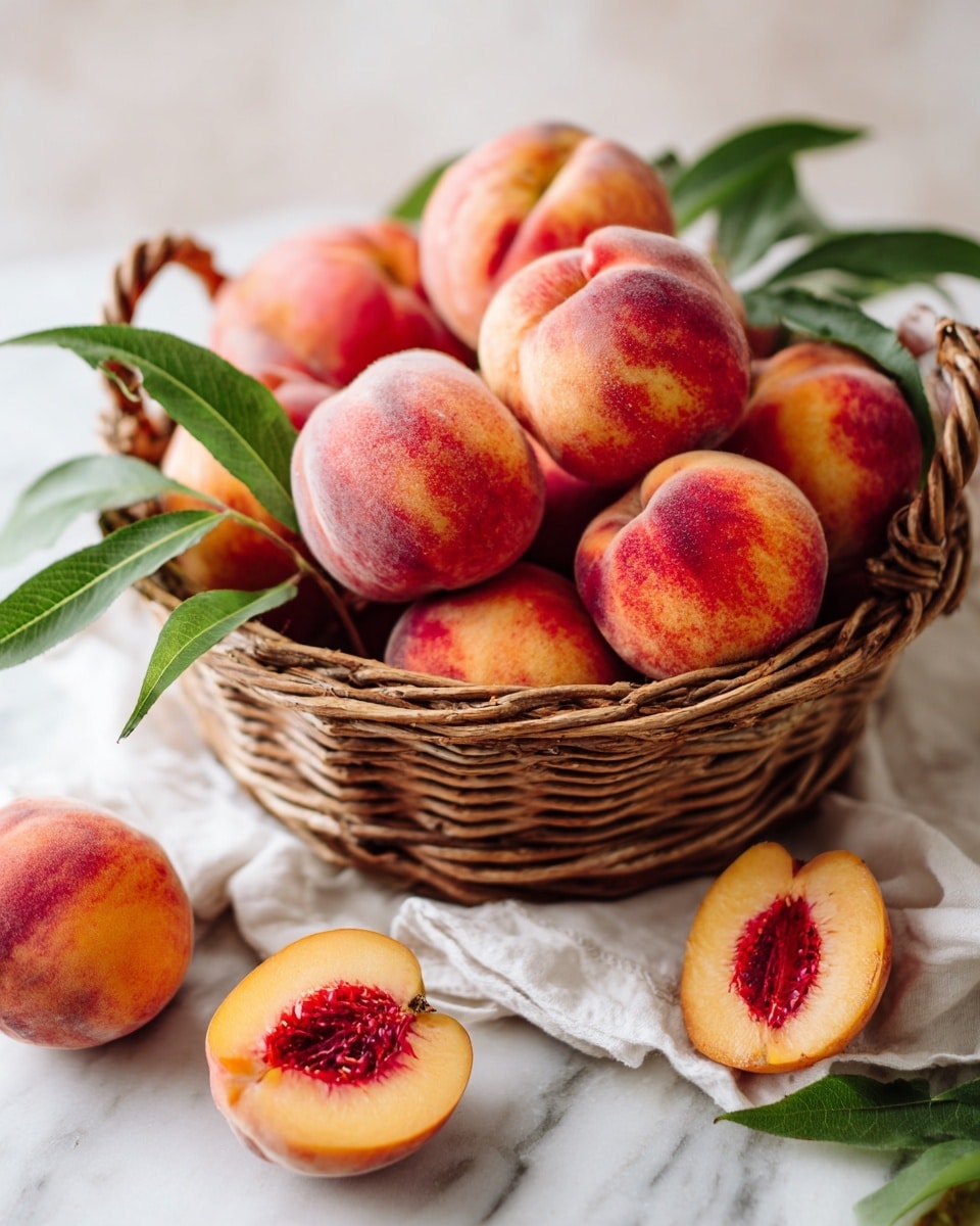 A basket full of ripe peaches sits on a white marbled surface. The basket is filled with whole peaches that are soft orange and pink with fuzzy skin. Some long green leaves lay on top and around the peaches, adding fresh green color. In front of the basket, there are a few sliced peach pieces showing the juicy orange inside and their red centers. The scene is bright and natural, focusing on the soft textures of the fruit and the natural colors. Photo taken with an iphone --ar 4:5 --v 7