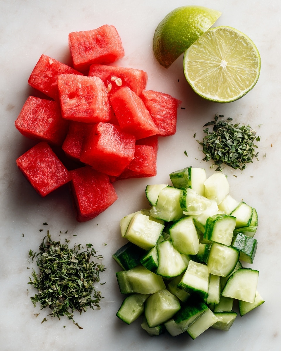 The image shows a white marbled surface with four groups of fresh ingredients arranged neatly. In the bottom left, there are bright red watermelon cubes with a smooth, juicy texture. To the right of the watermelon, there are small cucumber chunks, light green with a glossy, moist surface and darker green skin pieces. At the top right corner, a lime is halved, showing the pale green juicy inside and a slightly rough green rind. Above the watermelon cubes, there is a small pile of finely chopped dark green herbs with a leafy texture. photo taken with an iphone --ar 4:5 --v 7