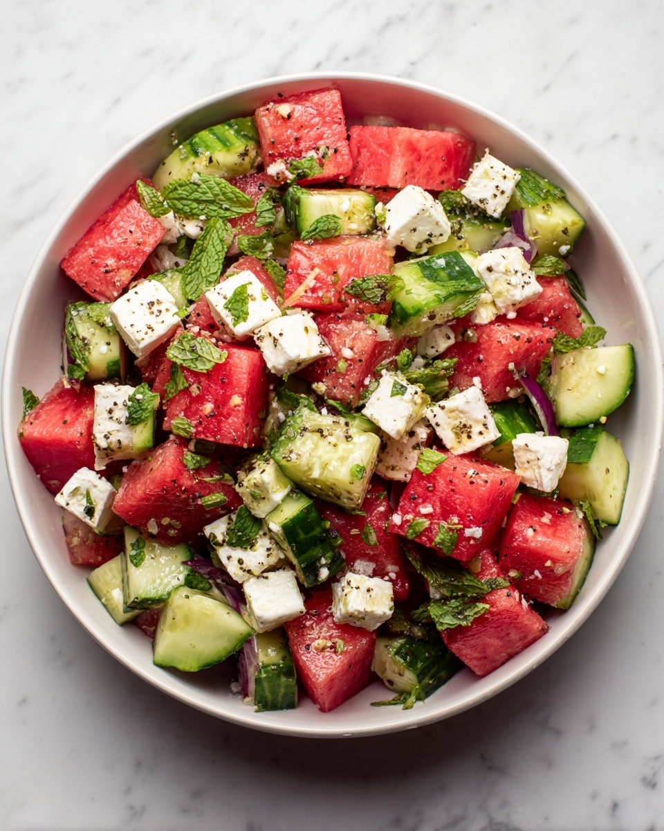The image shows a close-up of a fresh salad in a white bowl with fine vertical lines. The salad has three main layers: large bright red cubes of watermelon, thick white cubes of feta cheese, and thick green slices of cucumber with dark green skin and pale inside. The top of the salad is sprinkled with finely chopped dark green herbs and tiny black pepper flakes, adding texture and color contrast. The pieces look fresh and slightly shiny, showing moisture. The bowl sits on a white marbled surface. Photo taken with an iphone --ar 4:5 --v 7