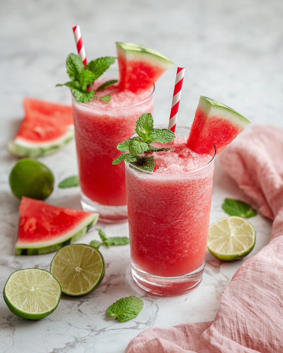 The image shows two glasses filled with a pink frothy drink, each topped with a small piece of watermelon rind and a sprig of fresh green mint leaves. A red and white striped straw is placed in each glass. Around the glasses, there are several bright red watermelon slices with a green rind, and small pale green lime wedges scattered on a white marbled surface. A light pink cloth is draped casually at the bottom right corner of the image. The photo taken with an iphone --ar 4:5 --v 7