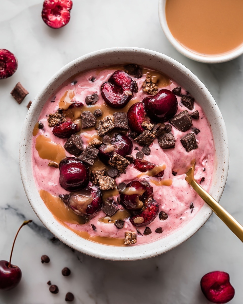 A close-up of a white bowl filled with a creamy pink yogurt base mixed with whole and chopped dark red cherries, creating a swirled texture. On top, there are small dark brown chocolate chips, roughly chopped pieces of dark chocolate cookies with cream filling, and light brown drizzles of peanut butter adding a smooth, shiny texture. A gold spoon with small raised dots on the handle rests inside the bowl on the left side. The bowl is placed on a white marbled surface with some scattered chocolate chips and cherries blurred in the background, giving a fresh and rich feeling. Photo taken with an iphone --ar 4:5 --v 7