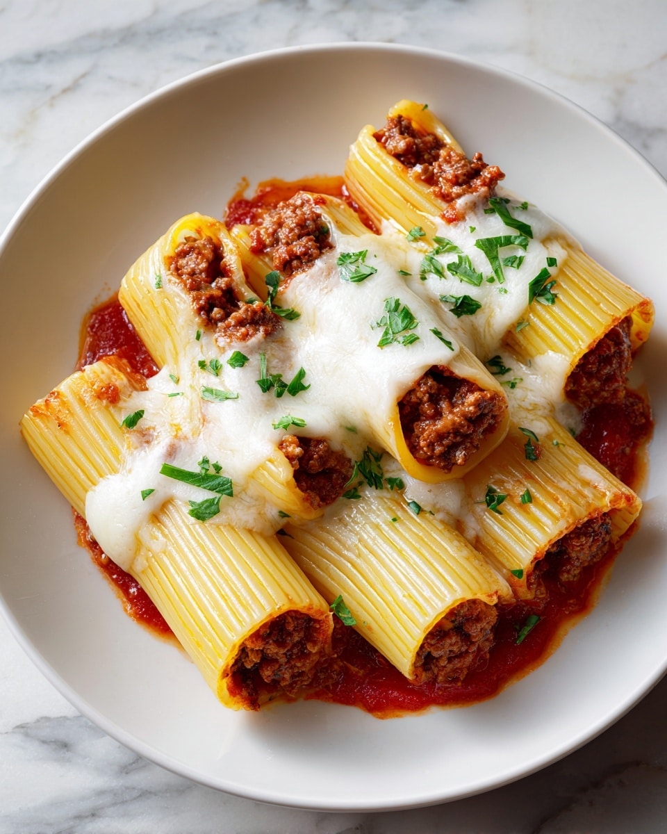 The dish shows five large pasta tubes arranged side by side on a white plate, each tube filled with a generous amount of cooked minced meat layered tightly inside. On top of the meat filling, melted white cheese covers each tube, with some golden brown spots hinting at light baking. A red sauce coats the bottom of the plate and peeks through under the tubes, adding a bright color contrast. Finally, small pieces of green herbs are scattered over the pasta and cheese for a fresh touch. The background has a soft white marbled texture. Photo taken with an iphone --ar 4:5 --v 7