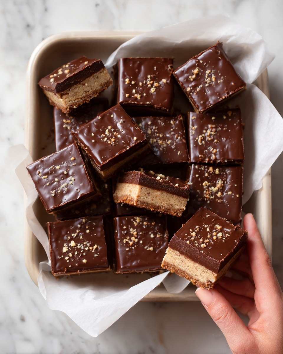 A square tray lined with white parchment paper holds a chocolate-topped dessert cut into equal square pieces with glossy, smooth chocolate on top and lightly sprinkled with small brown bits. One piece is held at the bottom right corner by a woman's hand, showing a dense, light brown layer beneath the chocolate. The background is a white marbled surface. photo taken with an iphone --ar 4:5 --v 7